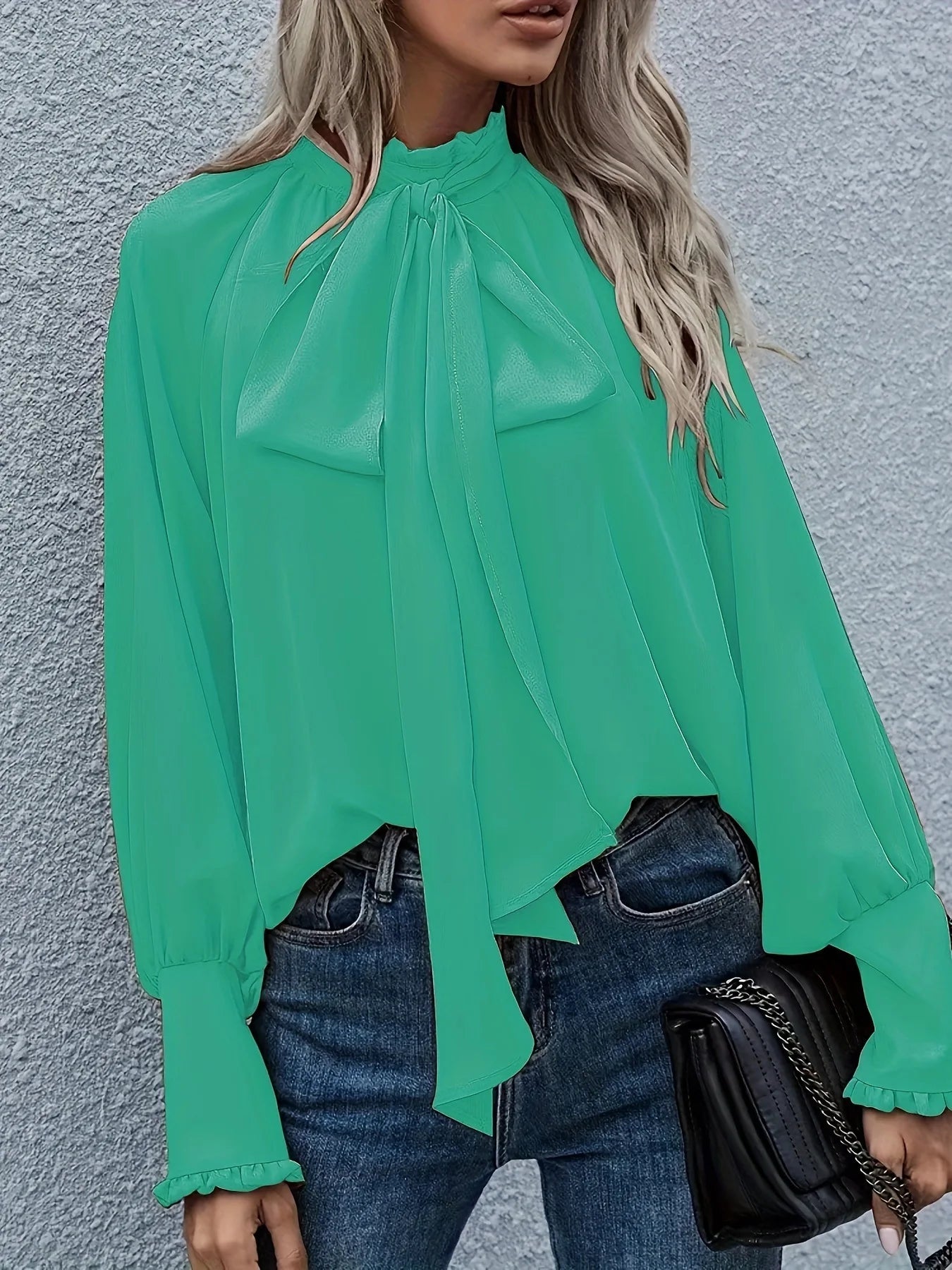 High Collar Bow Tie Long Sleeve Casual Loose Versatile Round Neck Top - Neon North Clothing