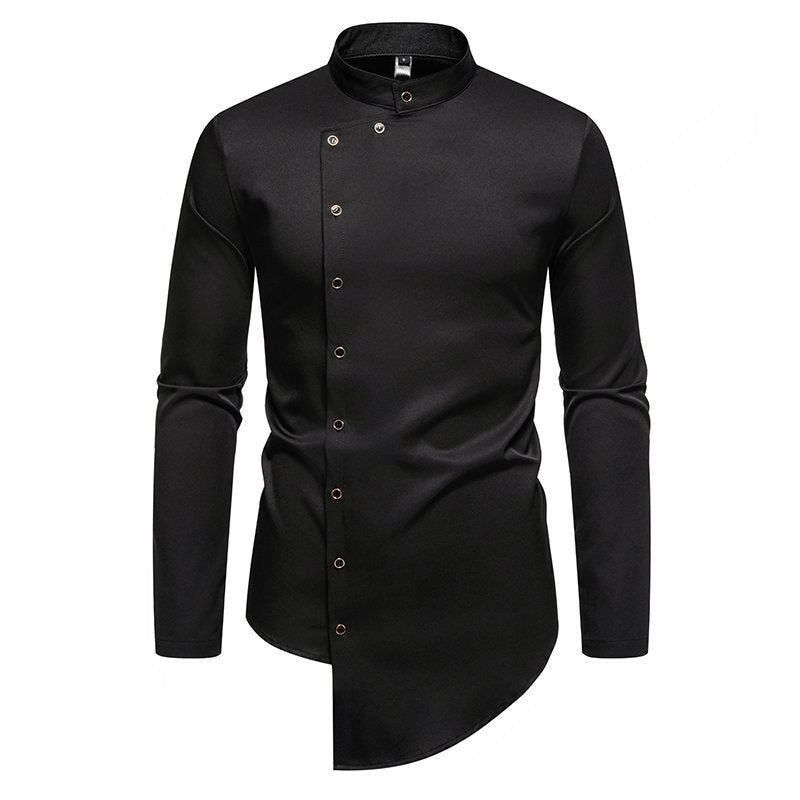 Irregular Hem Men's Long-Sleeve Shirt - Slim Fit with Stand Collar