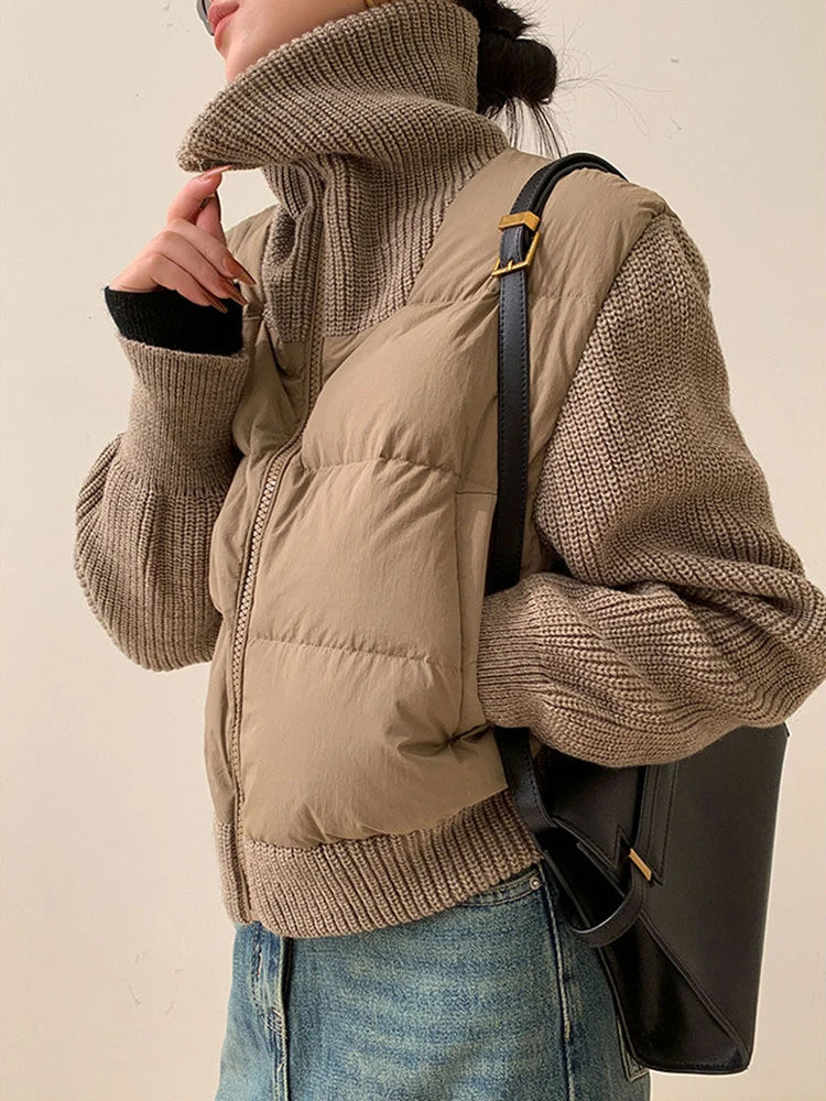 Warm  Brown Cotton Padded Patchwork Knitted Parka Jacket - Neon North Clothing