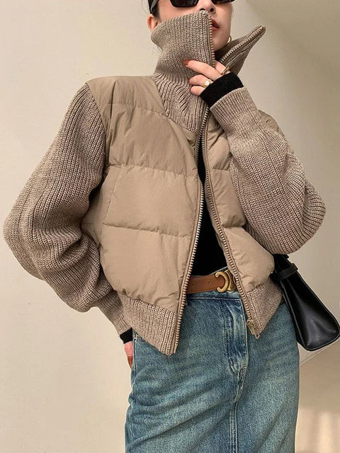 Warm  Brown Cotton Padded Patchwork Knitted Parka Jacket - Neon North Clothing