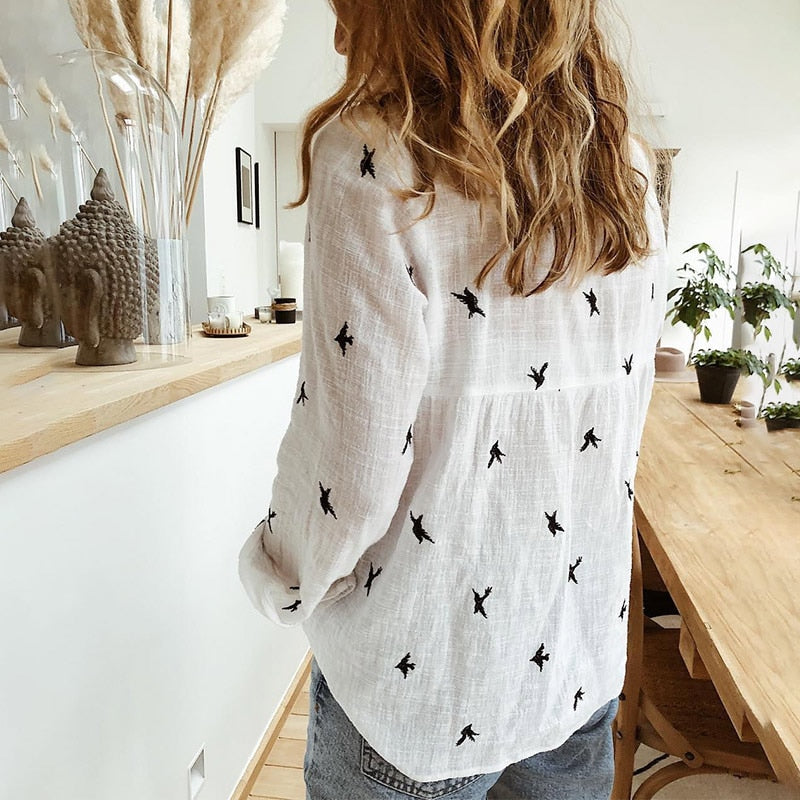 Bird's Print Blouse - Long Sleeve Loose Casual Style - Neon North Clothing