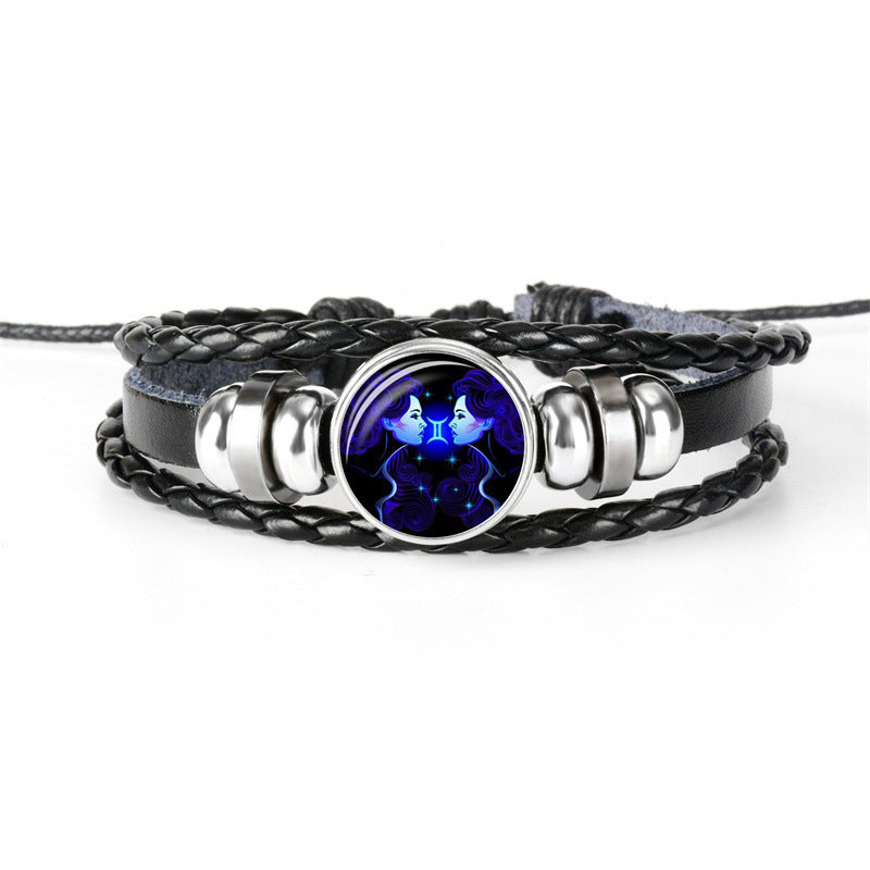12 Constellations Horoscope Glass Alloy Beaded Glow Leather Bracelet - Neon North Clothing