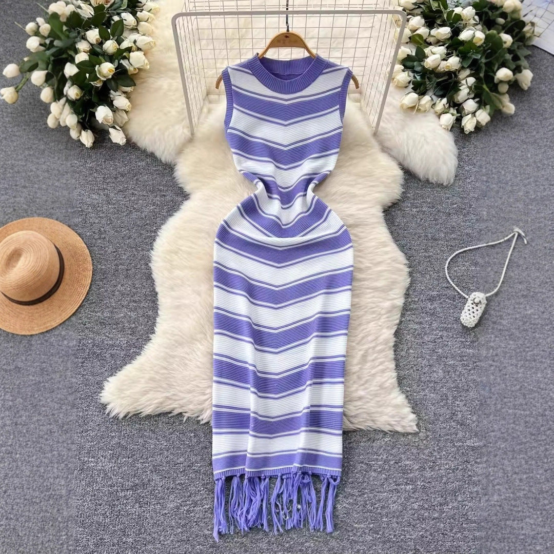 High-End Round Neck Sleeveless Striped Dress with Unique Base and Hip Hugging Long Skirt - Neon North Clothing