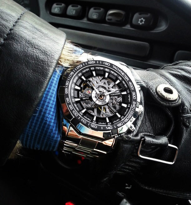 FORSINING Men's Skeleton Watch - Luxury Waterproof Silver Stainless Steel Design - Neon North Clothing