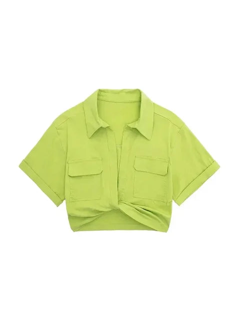 Chic Vintage Cropped Blouse with Front Knot, Elastic Linen, Short Sleeve, and Patch Pockets - Neon North Clothing
