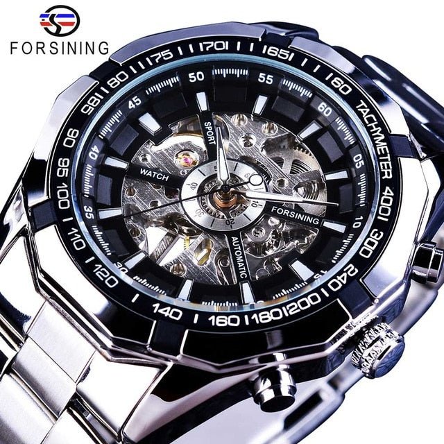 FORSINING Men's Skeleton Watch - Luxury Waterproof Silver Stainless Steel Design - Neon North Clothing