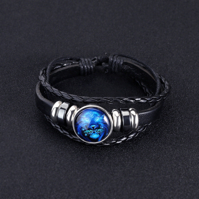 12 Constellations Horoscope Glass Alloy Beaded Glow Leather Bracelet - Neon North Clothing