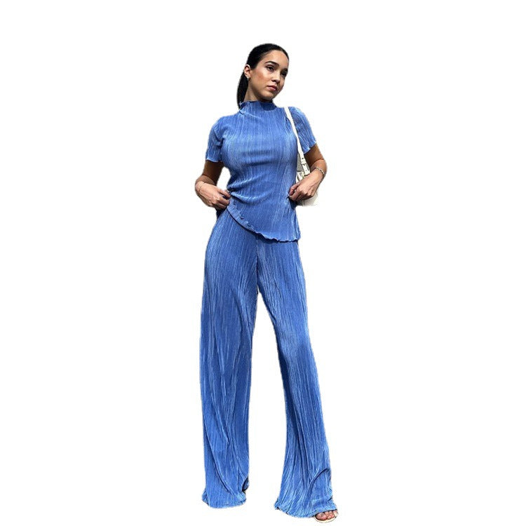 Solid Minimalist Two Piece Set with Stand Collar Short Sleeve Tops and High Waist Bottoms - Neon North Clothing