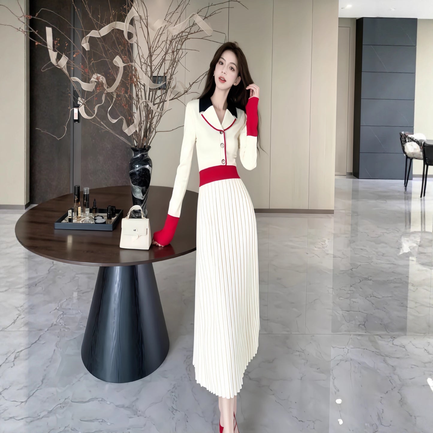 French Vintage Turn-Down Collar Knit Dress for Women - Neon North Clothing
