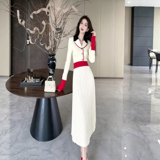 French Vintage Turn-Down Collar Knit Dress for Women - Neon North Clothing