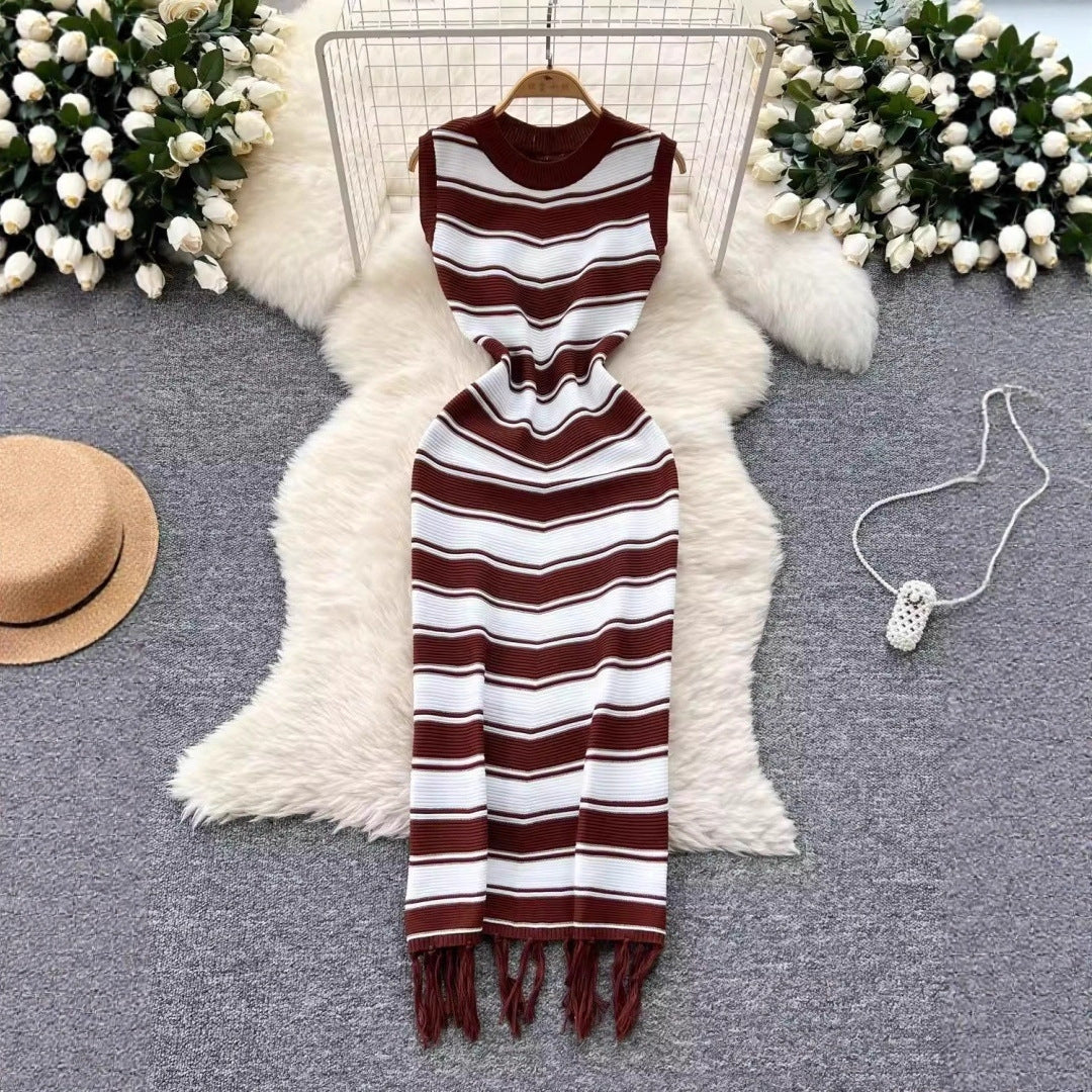 High-End Round Neck Sleeveless Striped Dress with Unique Base and Hip Hugging Long Skirt - Neon North Clothing