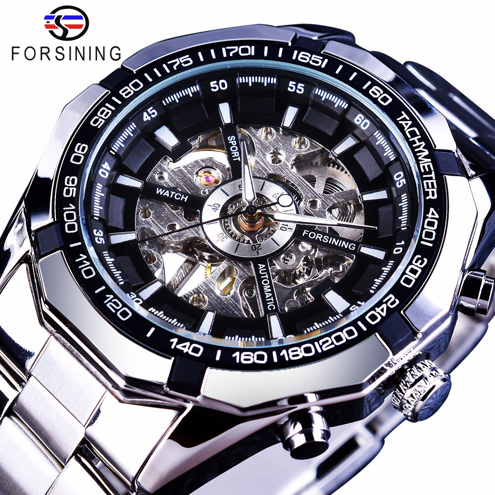 FORSINING Men's Skeleton Watch - Luxury Waterproof Silver Stainless Steel Design - Neon North Clothing