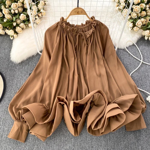O-neck Long Sleeve Chiffon Ruffles Blouse - Neon North Clothing
