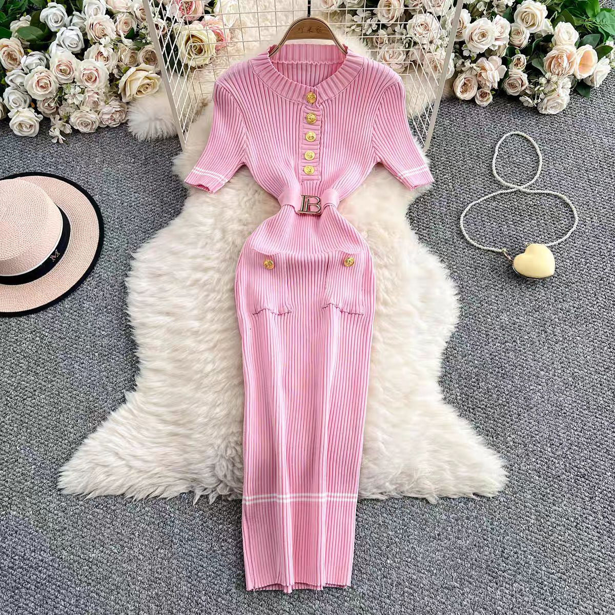 Chic Dress with Round Neck, Belted Waist and Fitted Bodycon - Neon North Clothing