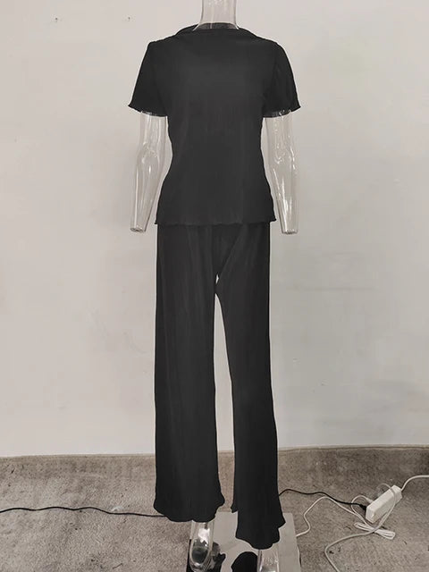 Solid Minimalist Two Piece Set with Stand Collar Short Sleeve Tops and High Waist Bottoms - Neon North Clothing