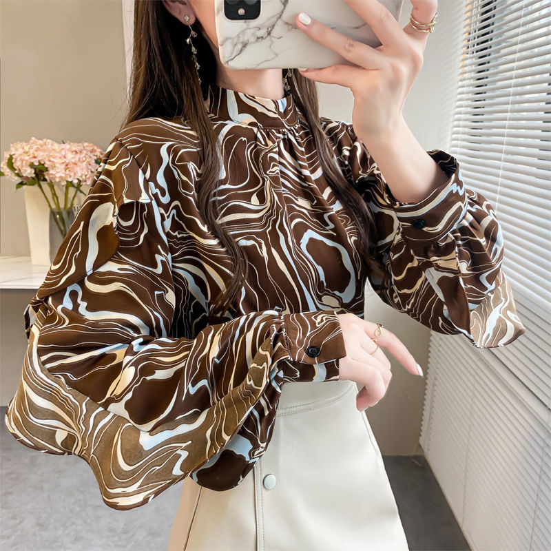 Loose Chiffon Blouse with O Neck Stripe Print and Lantern Sleeves - Neon North Clothing