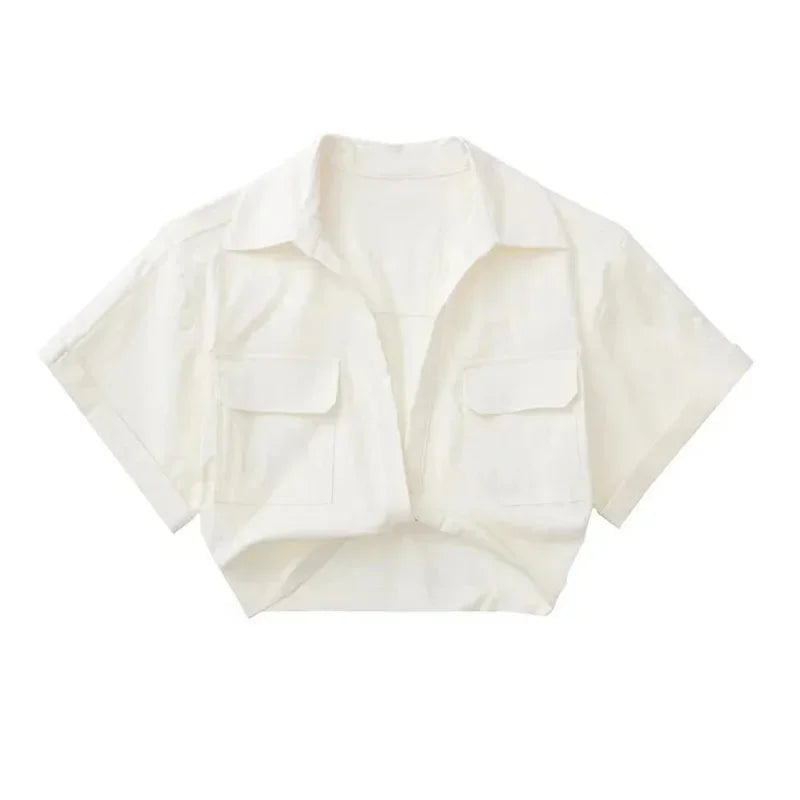Chic Vintage Cropped Blouse with Front Knot, Elastic Linen, Short Sleeve, and Patch Pockets - Neon North Clothing