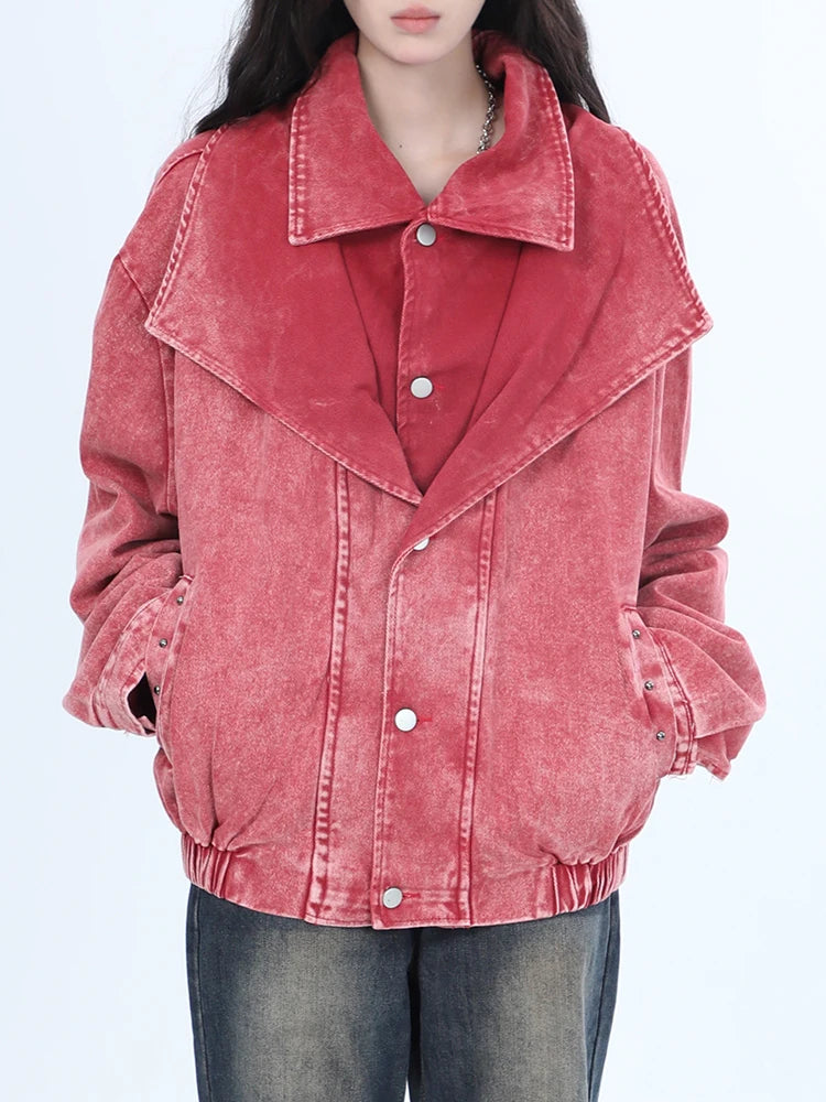 Women Denim Double-layer Collar Long Sleeves Single Breasted Washed Retro Jacket - Neon North Clothing