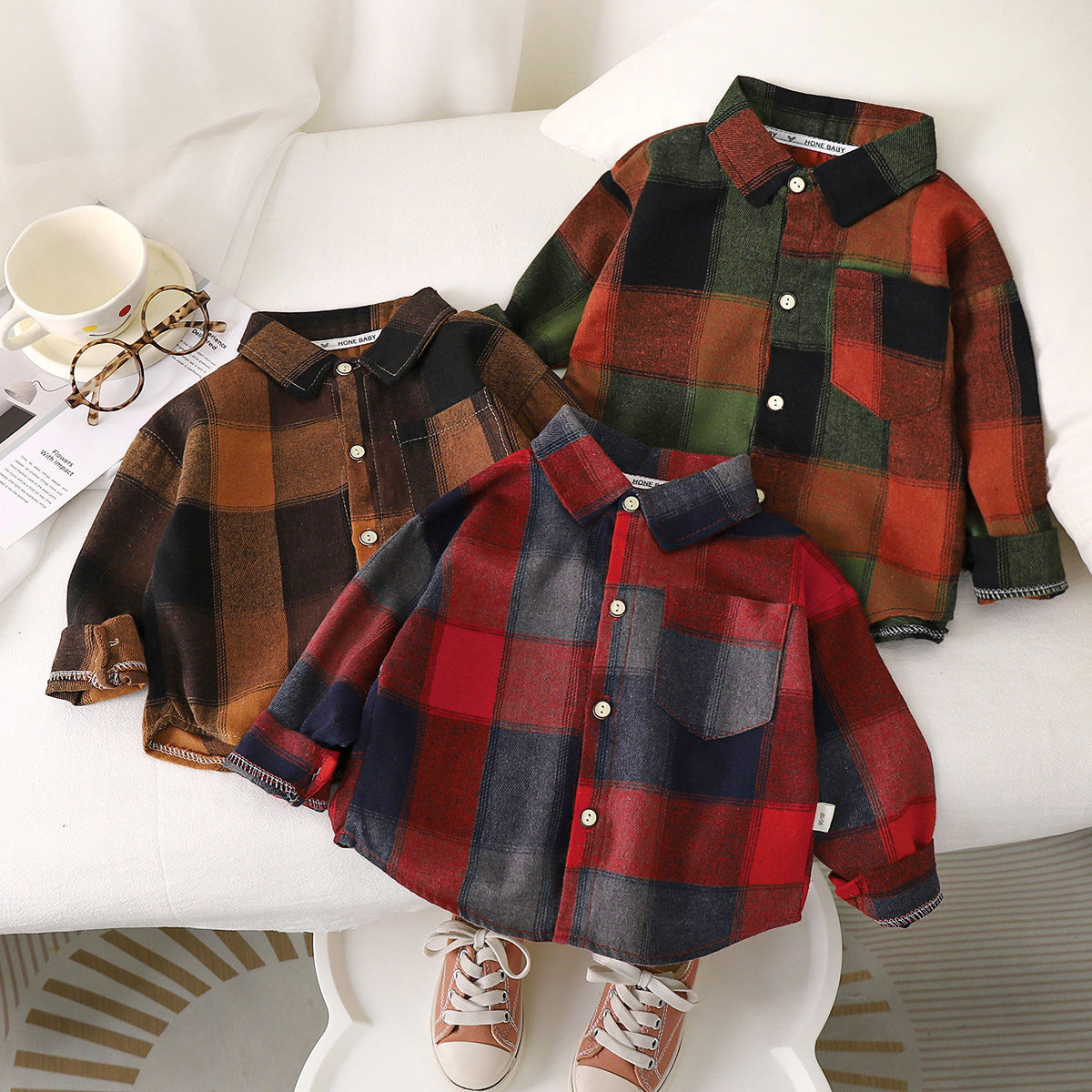 Unisex Plaid Shirt for Kids - Contrast Long Sleeve Turn Down Collar Shirt (1-10 Years) - Neon North Clothing