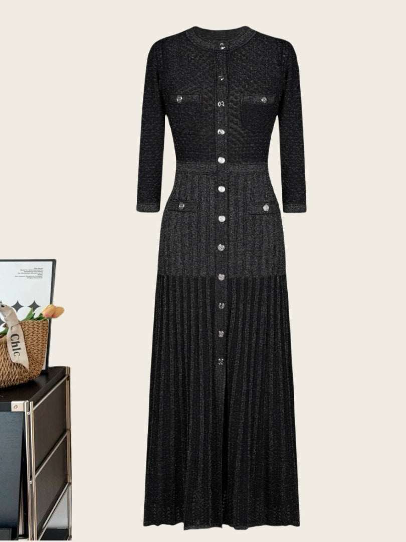 Elegant Long Sleeve Round Neck Dress with Waistline - Neon North Clothing