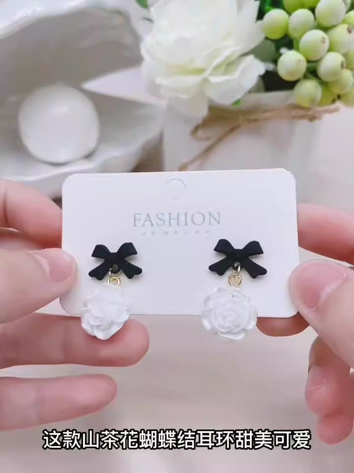 Silver Needle Flower Bow Earrings for Women - Neon North Clothing