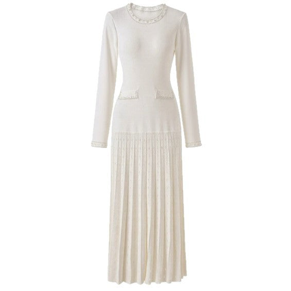 Elegant Long Sleeve Pearl Embellished Pleated Dress - Neon North Clothing