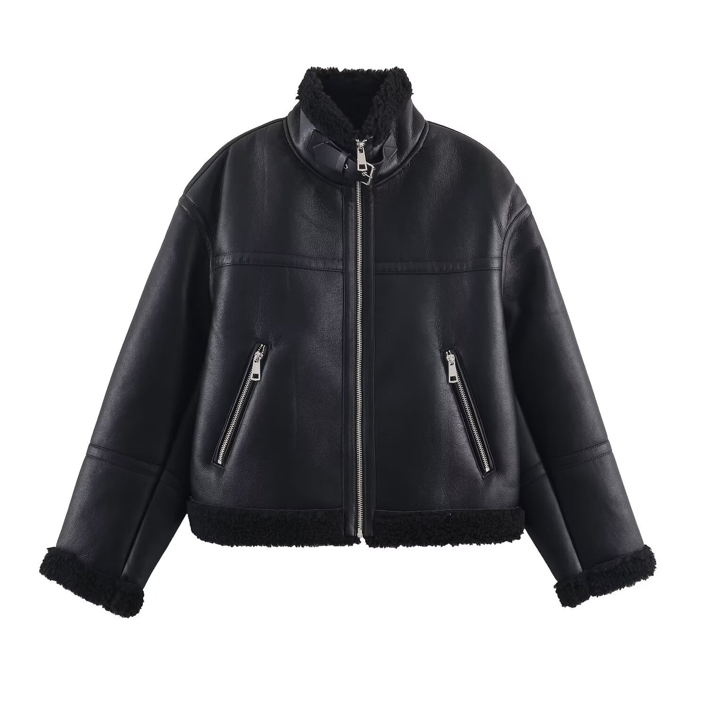Casual Stand Collar Loose Fit Leather Reversible Jacket - Neon North Clothing