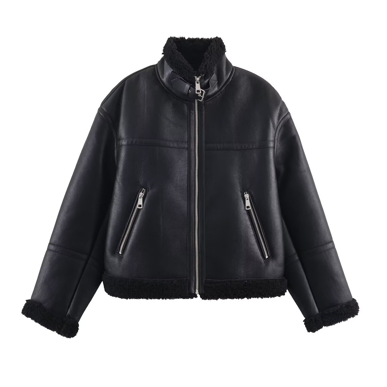 Casual Stand Collar Loose Fit Leather Reversible Jacket - Neon North Clothing