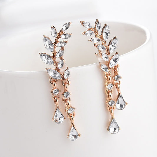 New Sweet Sparkling Diamond Pop Leaf Leaf Tassel Crystal Droplet Earrings - Neon North Clothing