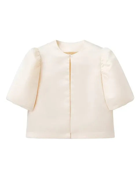 Solid Satin With Pouf Balloon Sleeve Blouse - Neon North Clothing