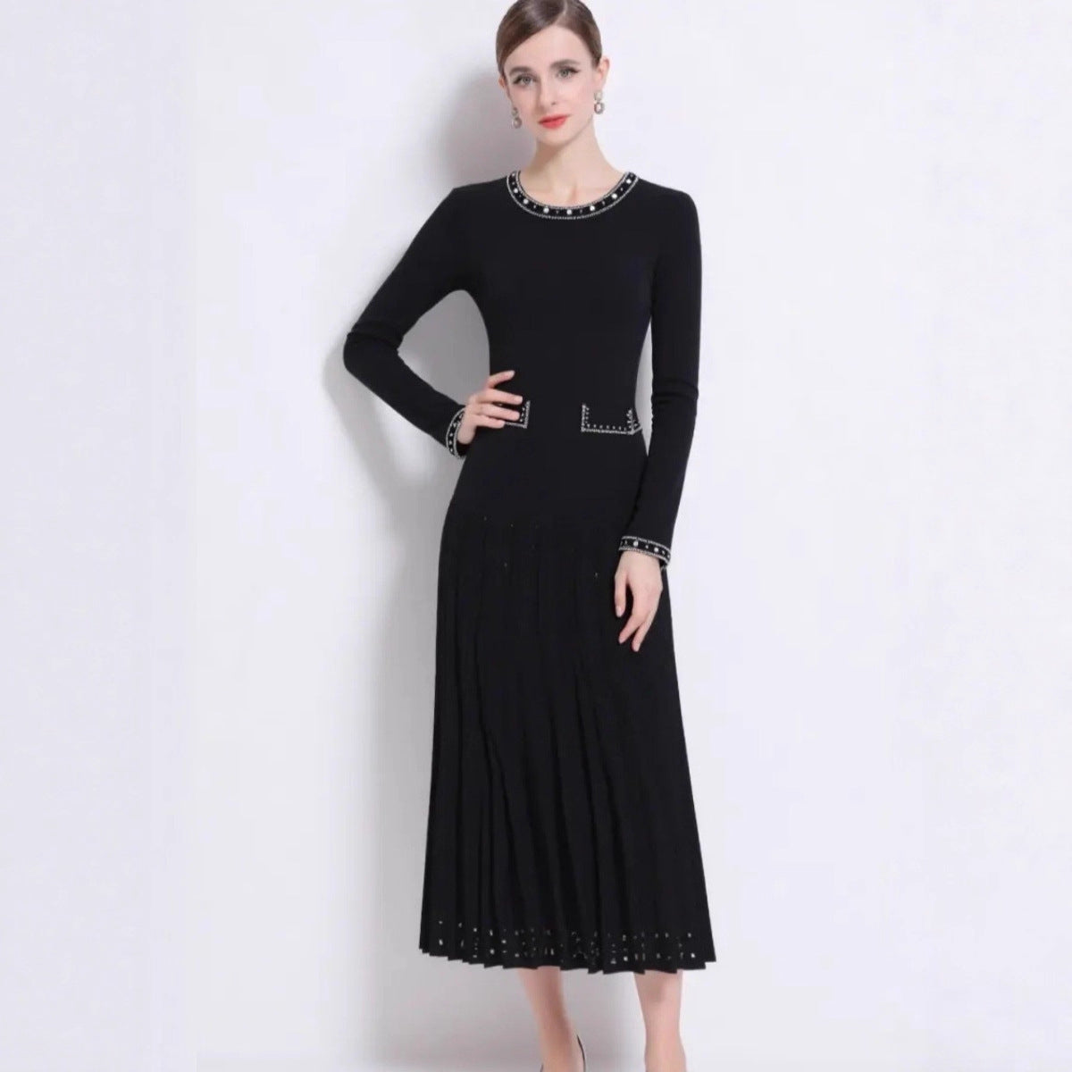 Elegant Long Sleeve Pearl Embellished Pleated Dress - Neon North Clothing