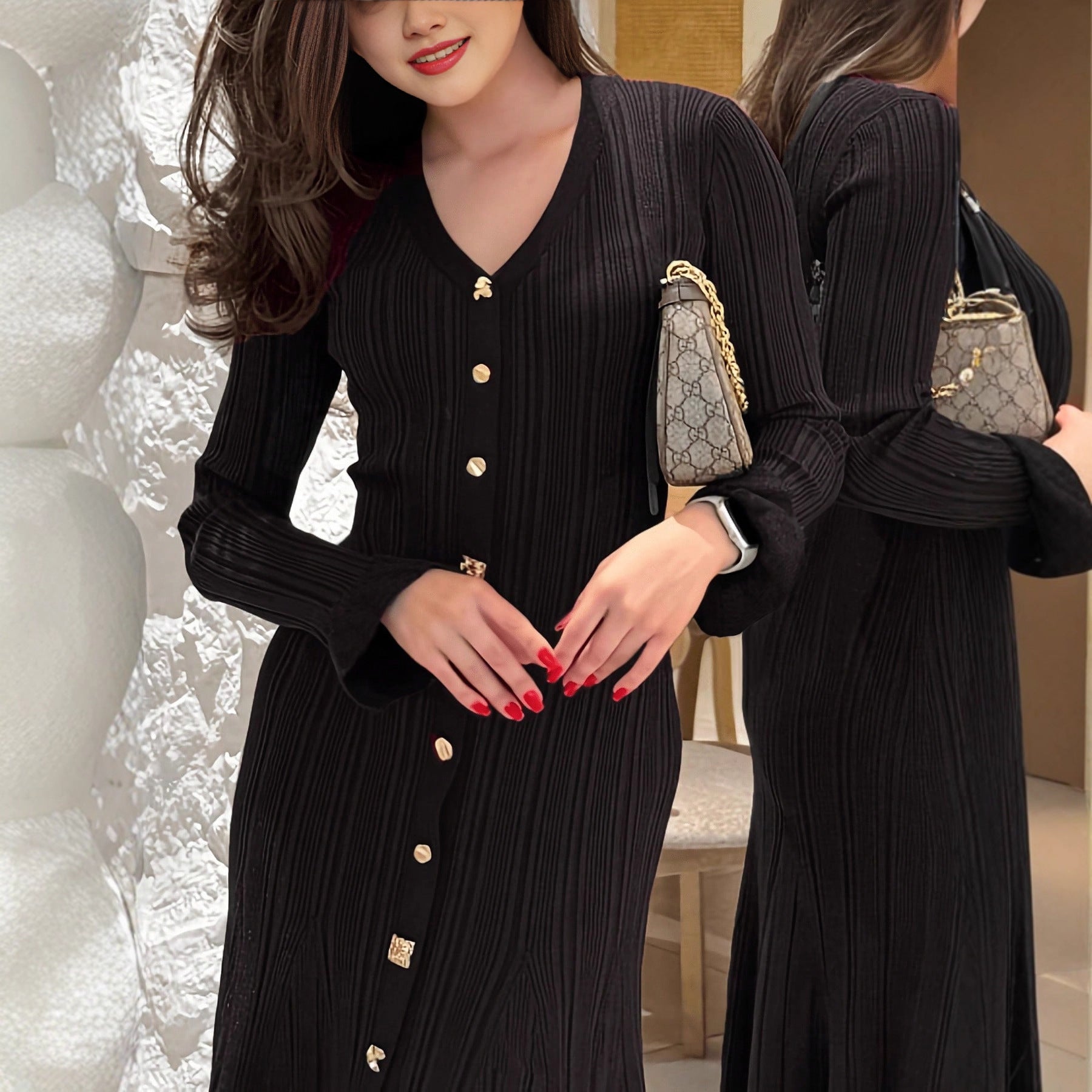 Elegant Luxury Shimmer V-Neck Long Sleeve Fitted Waist Knit Dress - Neon North Clothing