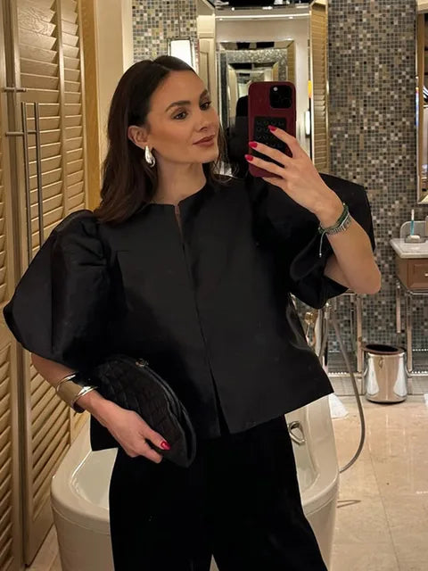 Solid Satin With Pouf Balloon Sleeve Blouse - Neon North Clothing