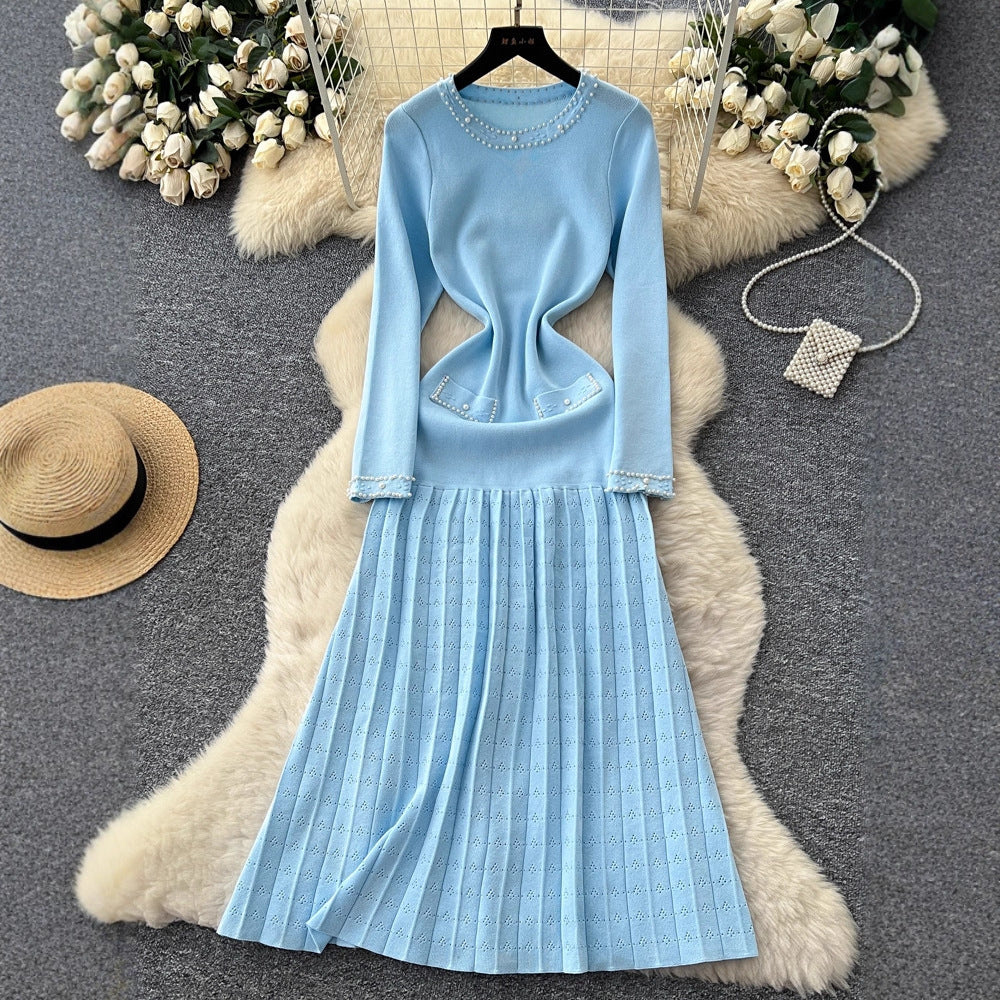 Elegant Long Sleeve Pearl Embellished Pleated Dress - Neon North Clothing