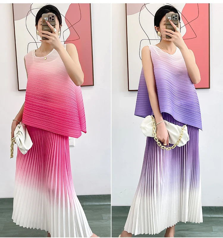 2 Pieces Gradient Pullover and Pleated Skirt Outfit - Chic & Stretchy Fashion Set - Neon North Clothing
