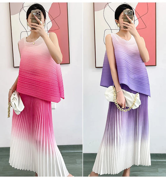 2 Pieces Gradient Pullover and Pleated Skirt Outfit - Chic & Stretchy Fashion Set - Neon North Clothing