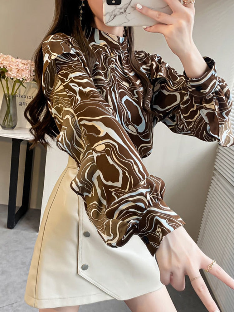 Loose Chiffon Blouse with O Neck Stripe Print and Lantern Sleeves - Neon North Clothing