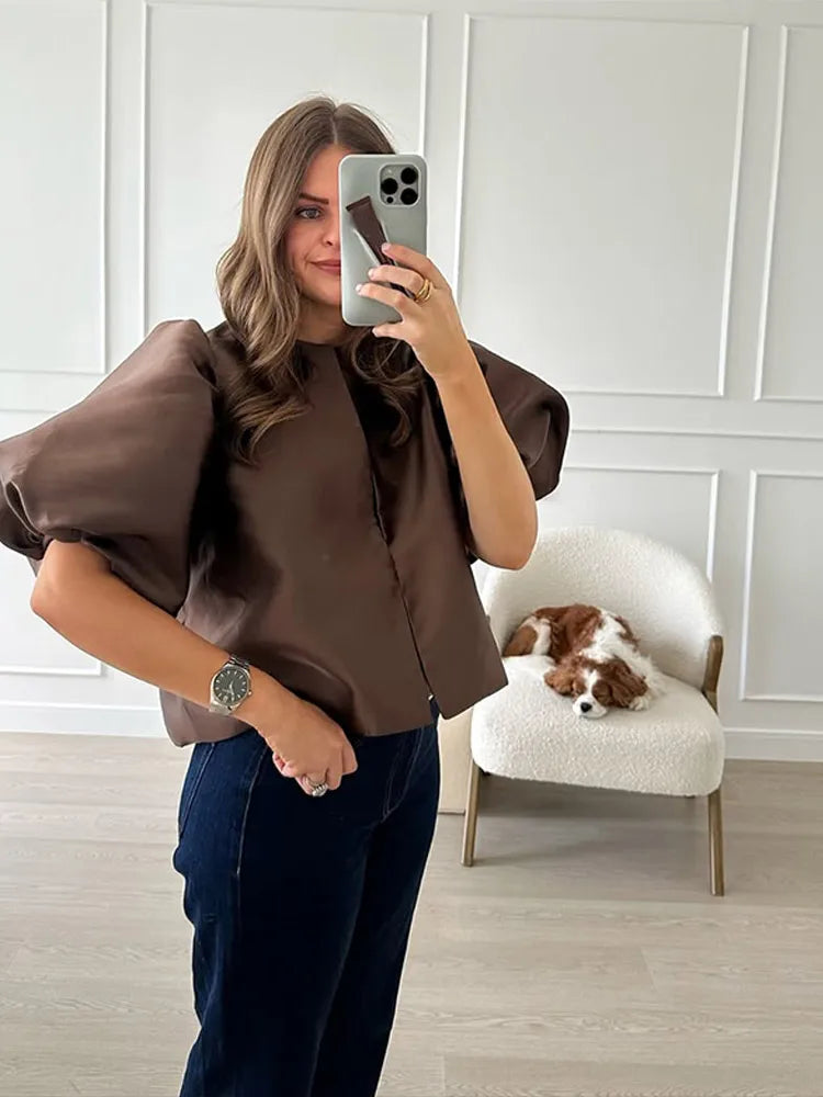 Solid Satin With Pouf Balloon Sleeve Blouse - Neon North Clothing