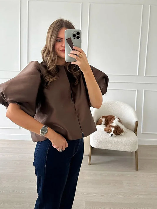 Solid Satin With Pouf Balloon Sleeve Blouse - Neon North Clothing