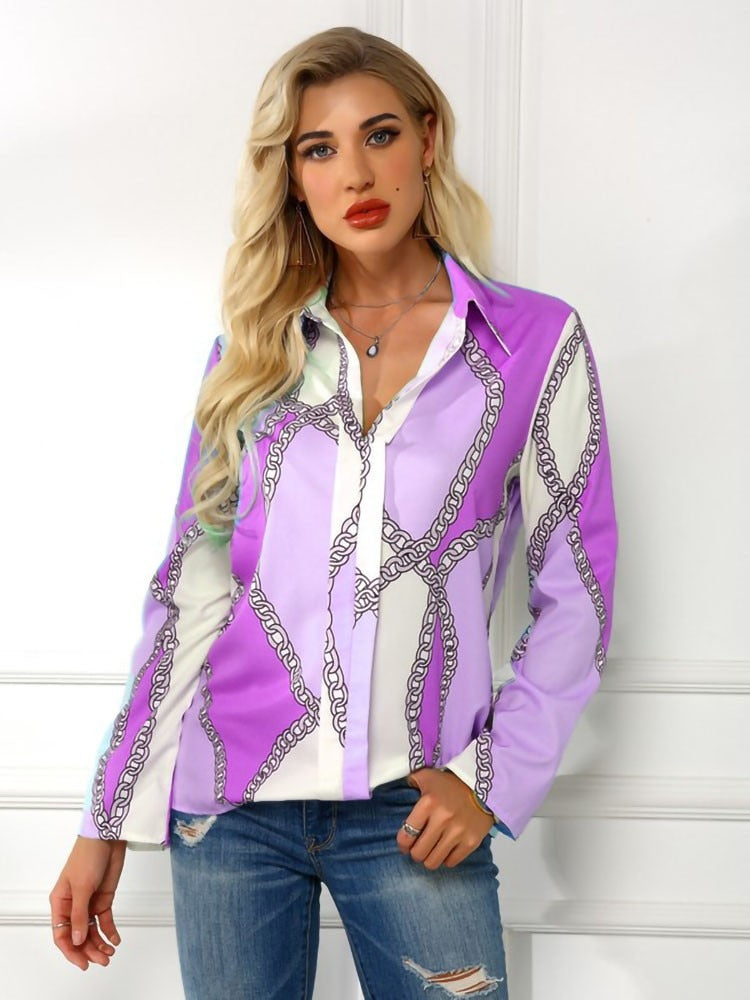 Women Turn Down Collar Long Sleeve Blouses - Neon North Clothing