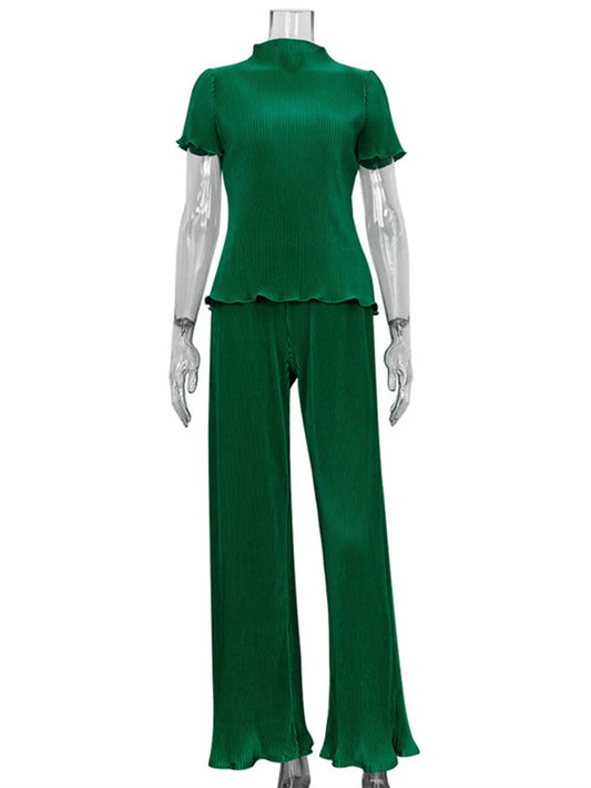 Solid Minimalist Two Piece Set with Stand Collar Short Sleeve Tops and High Waist Bottoms - Neon North Clothing