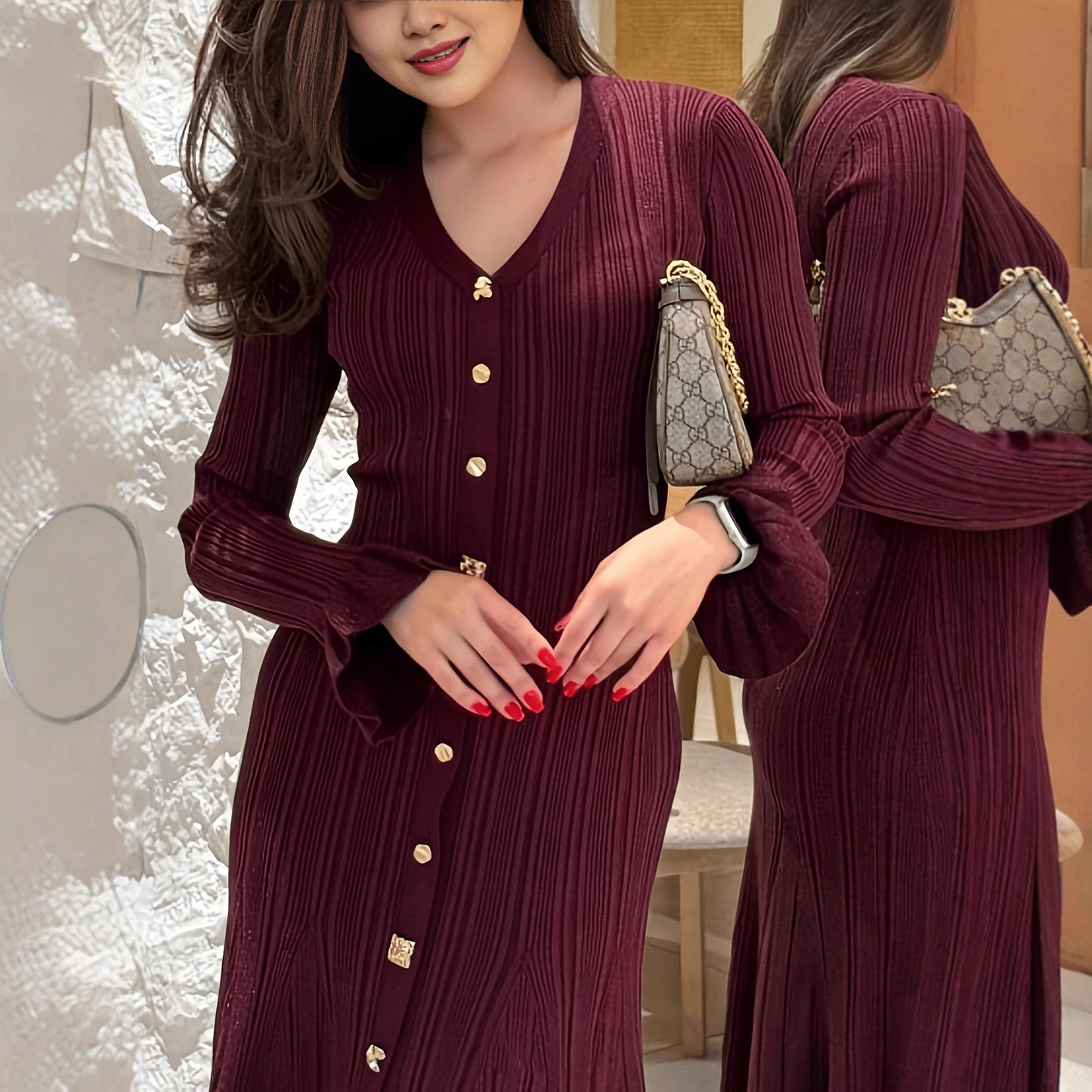 Elegant Luxury Shimmer V-Neck Long Sleeve Fitted Waist Knit Dress - Neon North Clothing