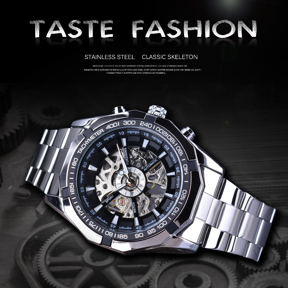 FORSINING Men's Skeleton Watch - Luxury Waterproof Silver Stainless Steel Design - Neon North Clothing