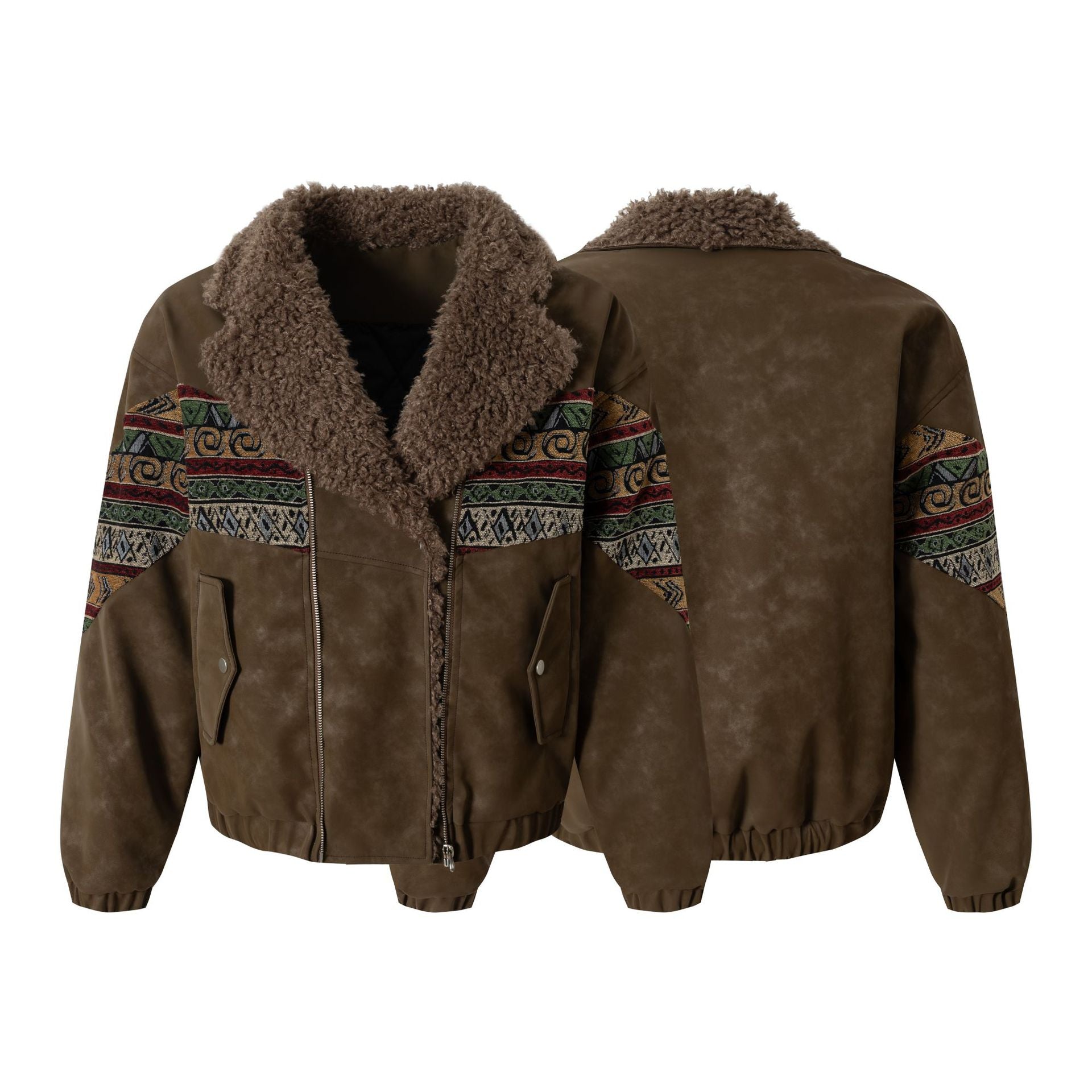 Retro Ethnic Style Woven Belt Splicing Leather Jacket - Neon North Clothing