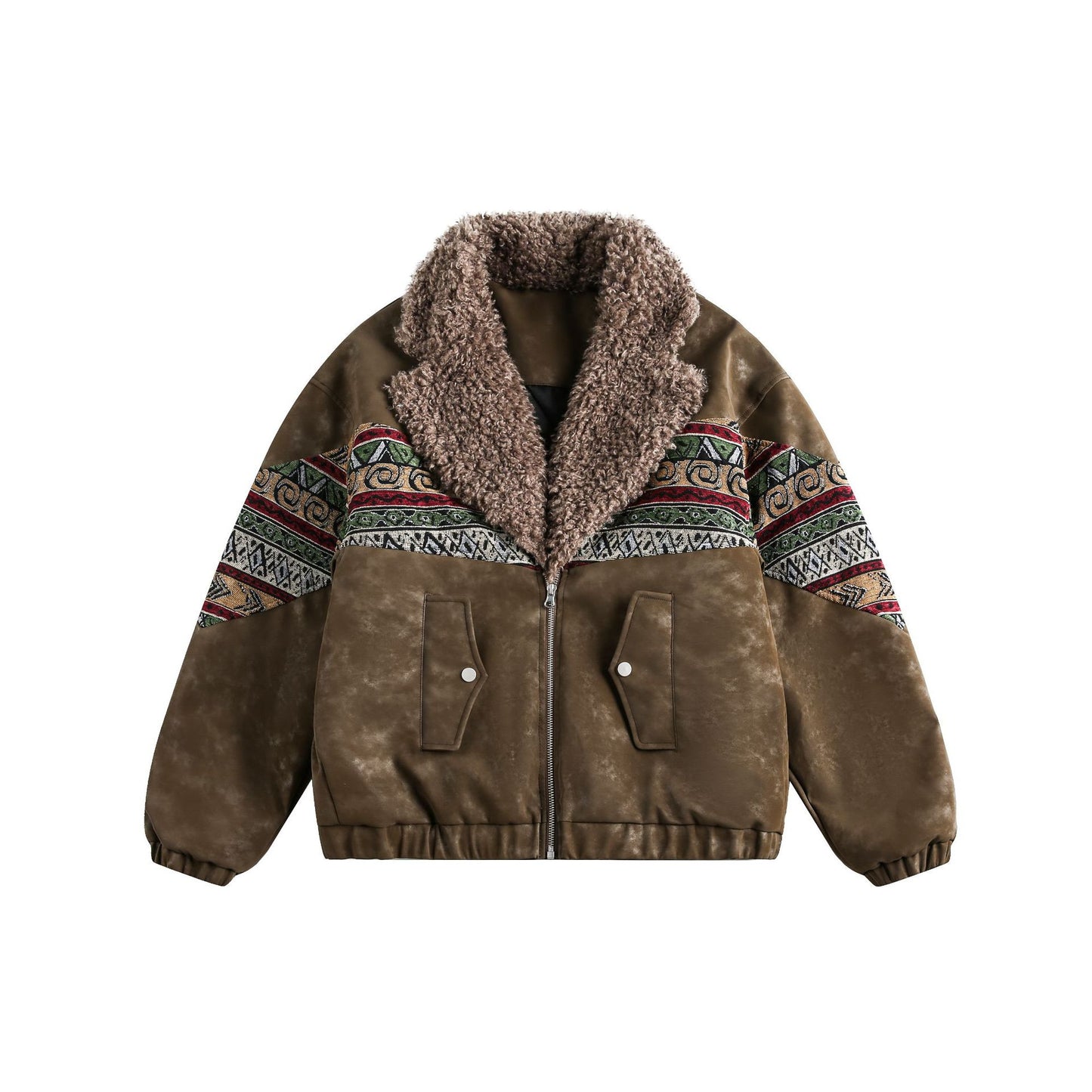 Retro Ethnic Style Woven Belt Splicing Leather Jacket - Neon North Clothing