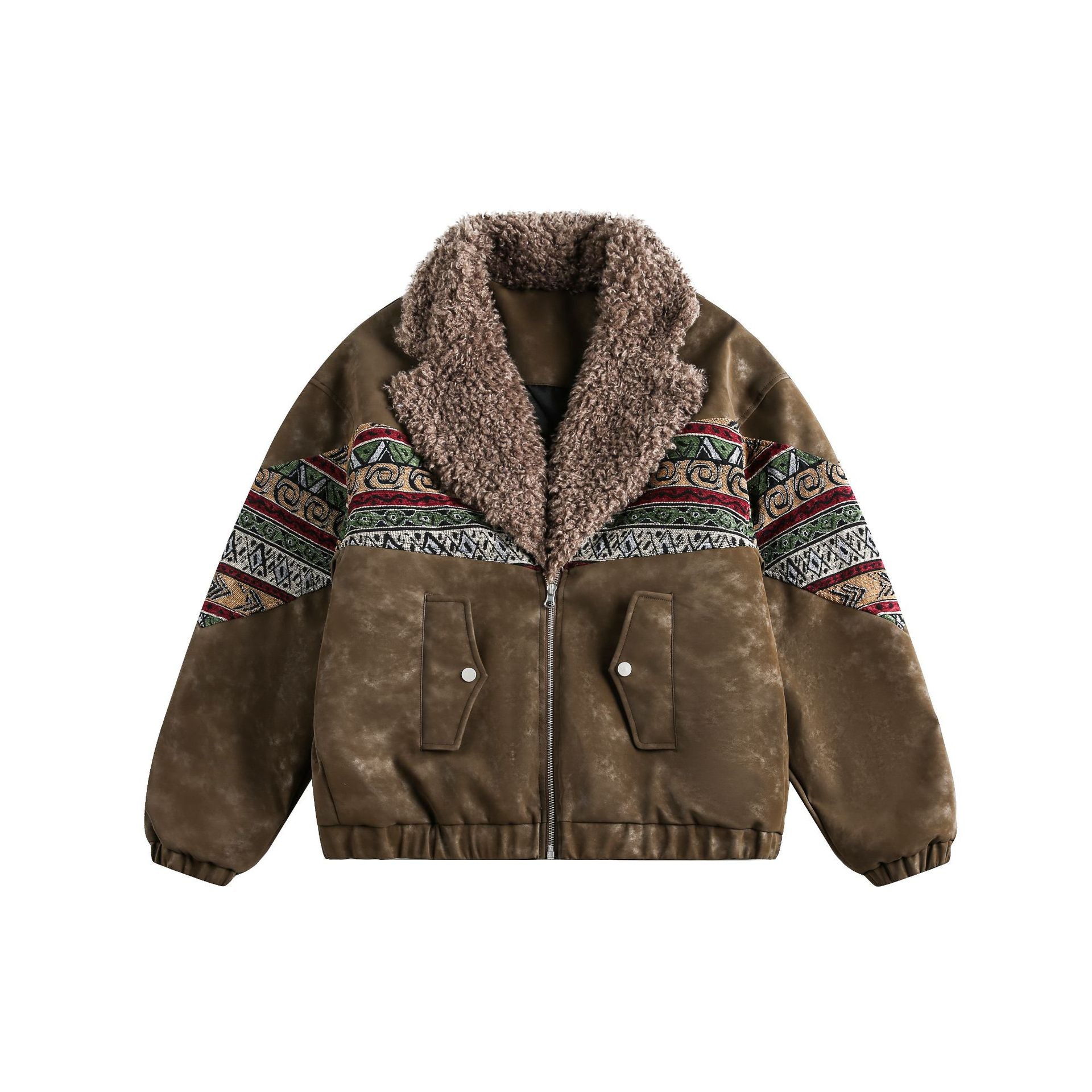 Retro Ethnic Style Woven Belt Splicing Leather Jacket - Neon North Clothing