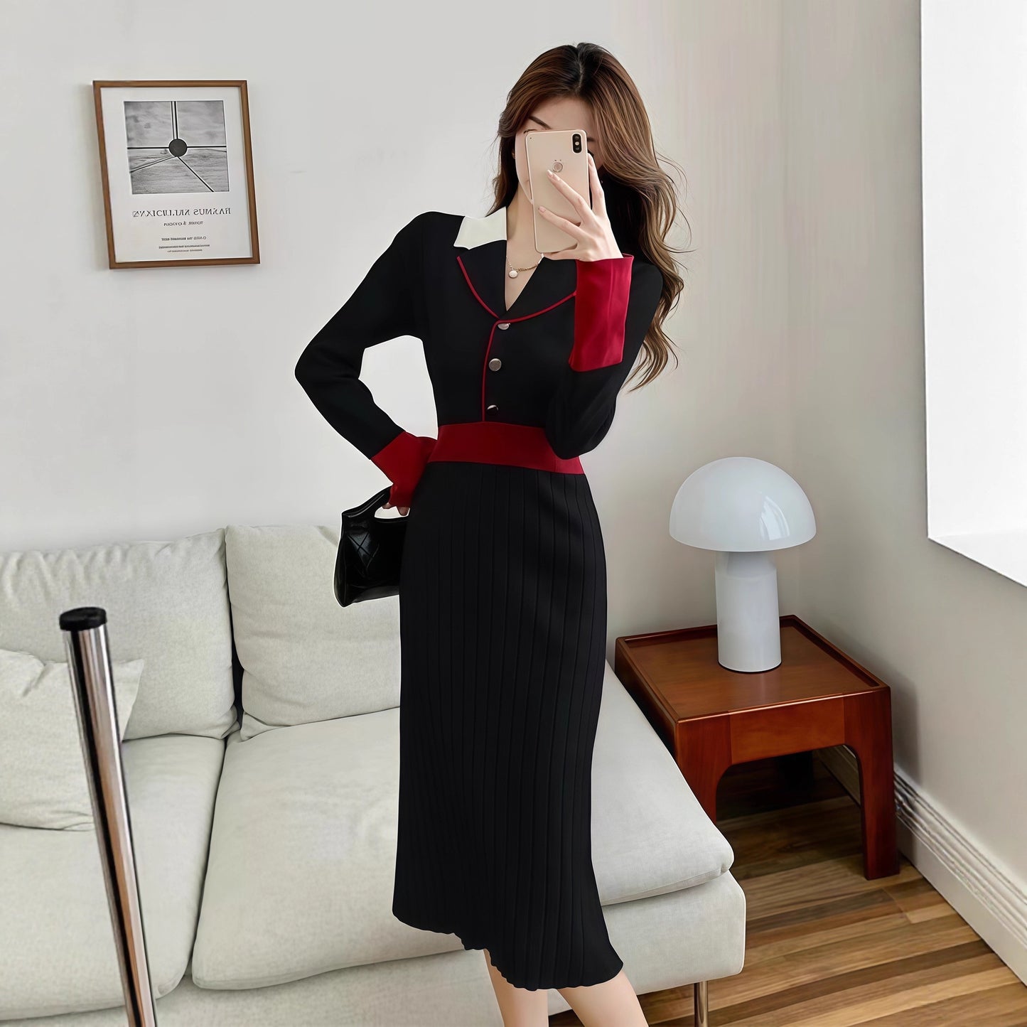 French Vintage Turn-Down Collar Knit Dress for Women - Neon North Clothing