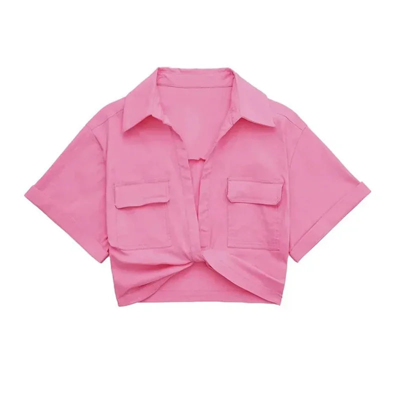 Chic Vintage Cropped Blouse with Front Knot, Elastic Linen, Short Sleeve, and Patch Pockets - Neon North Clothing