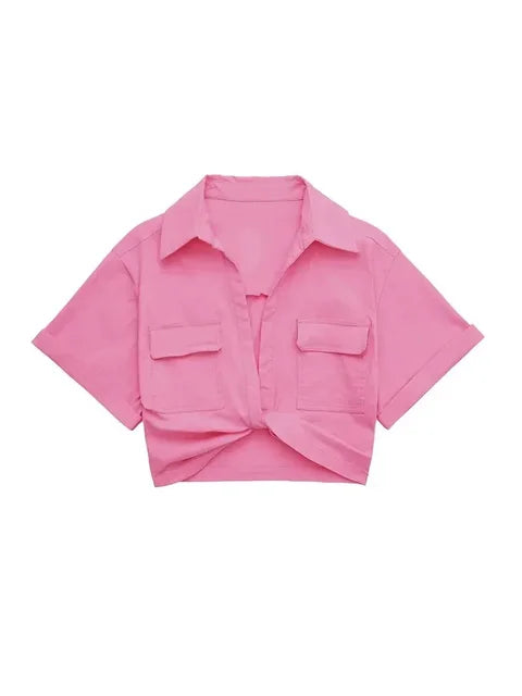 Chic Vintage Cropped Blouse with Front Knot, Elastic Linen, Short Sleeve, and Patch Pockets - Neon North Clothing
