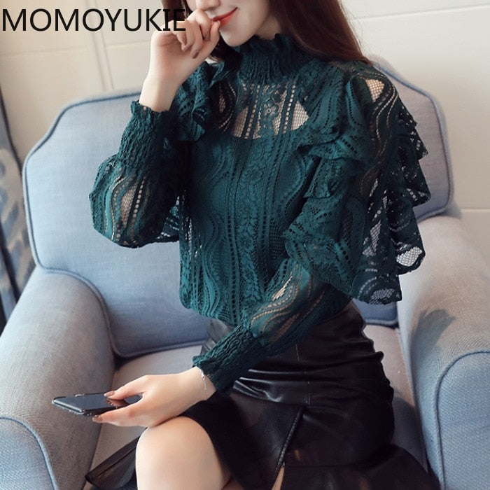 Ruffle Lace Floral Sleeve Blouse with Nine Quarter Sleeve Design - Neon North Clothing